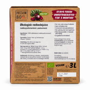 Bagside af Passion Bio økologisk rødbedejuicekarton