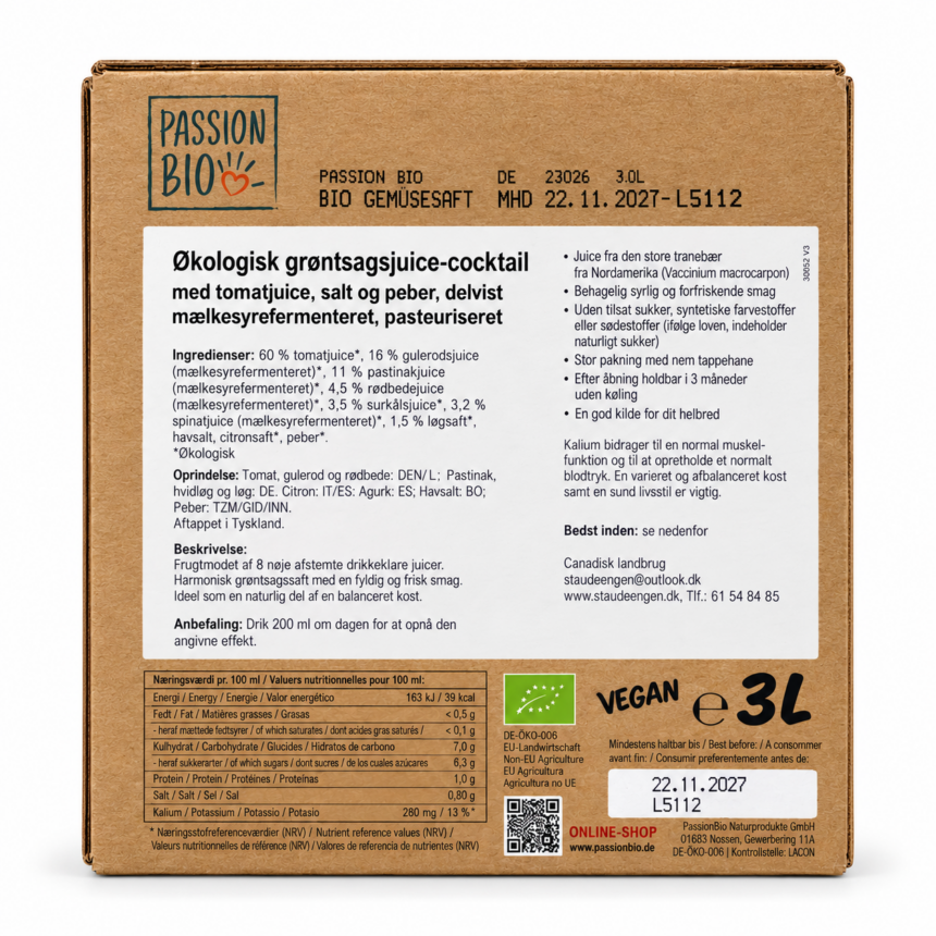 Passion Bio økologisk grøntsagsjuice-cocktail i 3-liters karton