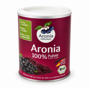 Dåse med økologisk aroniapulver fra Aronia Original