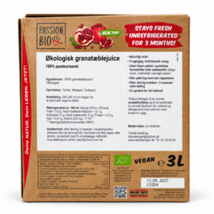 Bagside af Passion Bio økologisk granatæblejuice, 3 liter