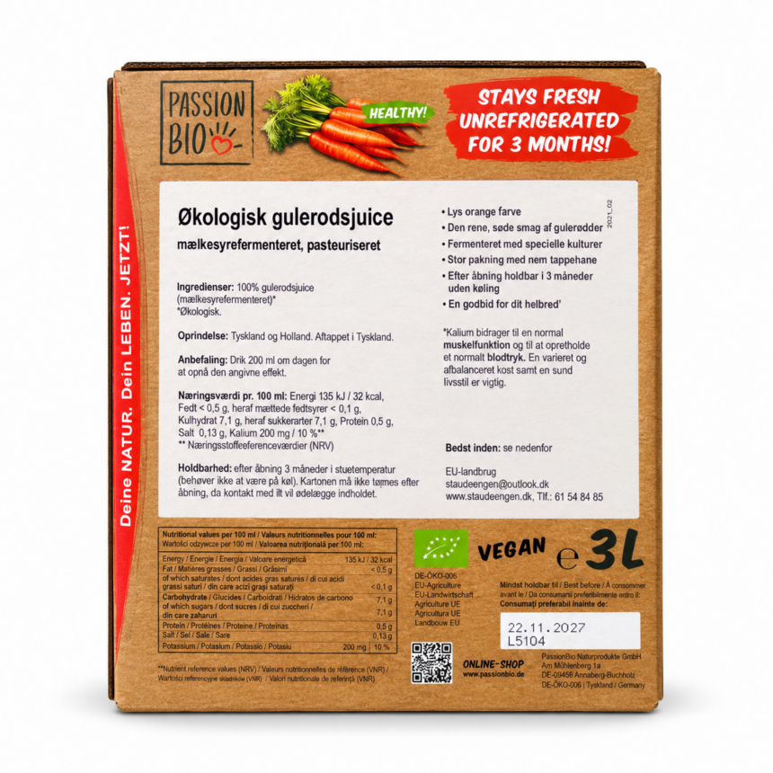 Bagside af Passion Bio økologisk gulerodsjuice, 3 liter