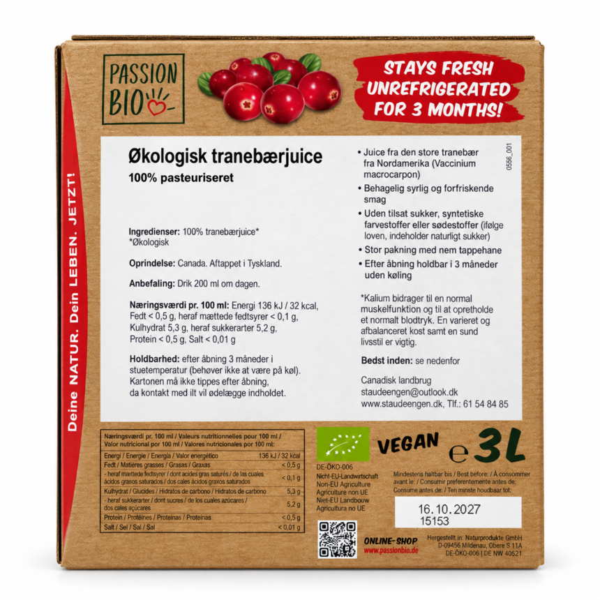 Økologisk tranebærjuice i treliters karton fra Passion Bio